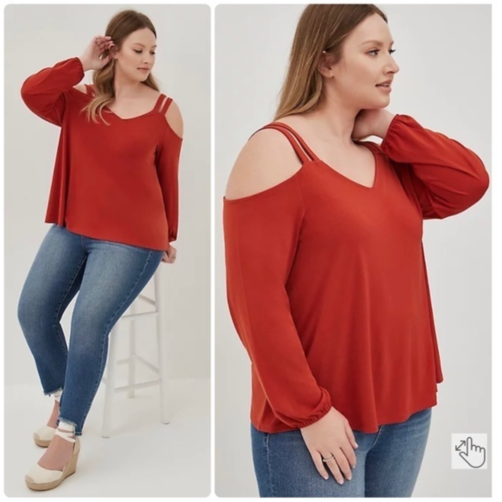 3/$22🩶 Torrid Orange Knit Crepe V-Neck Cold Cutout Cold Shoulder Top Plus Size 4